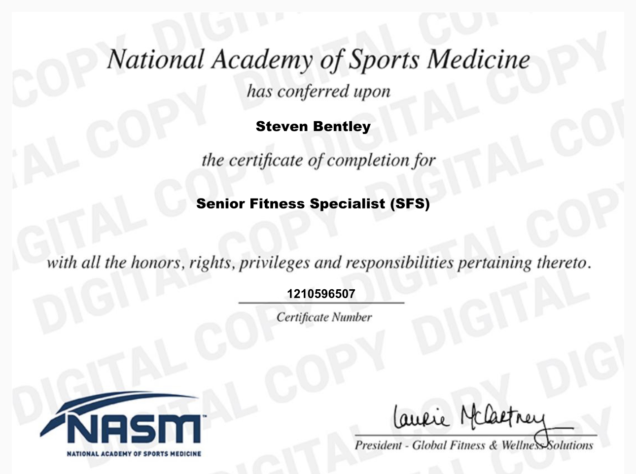 National Academy of sports Medicine certificate