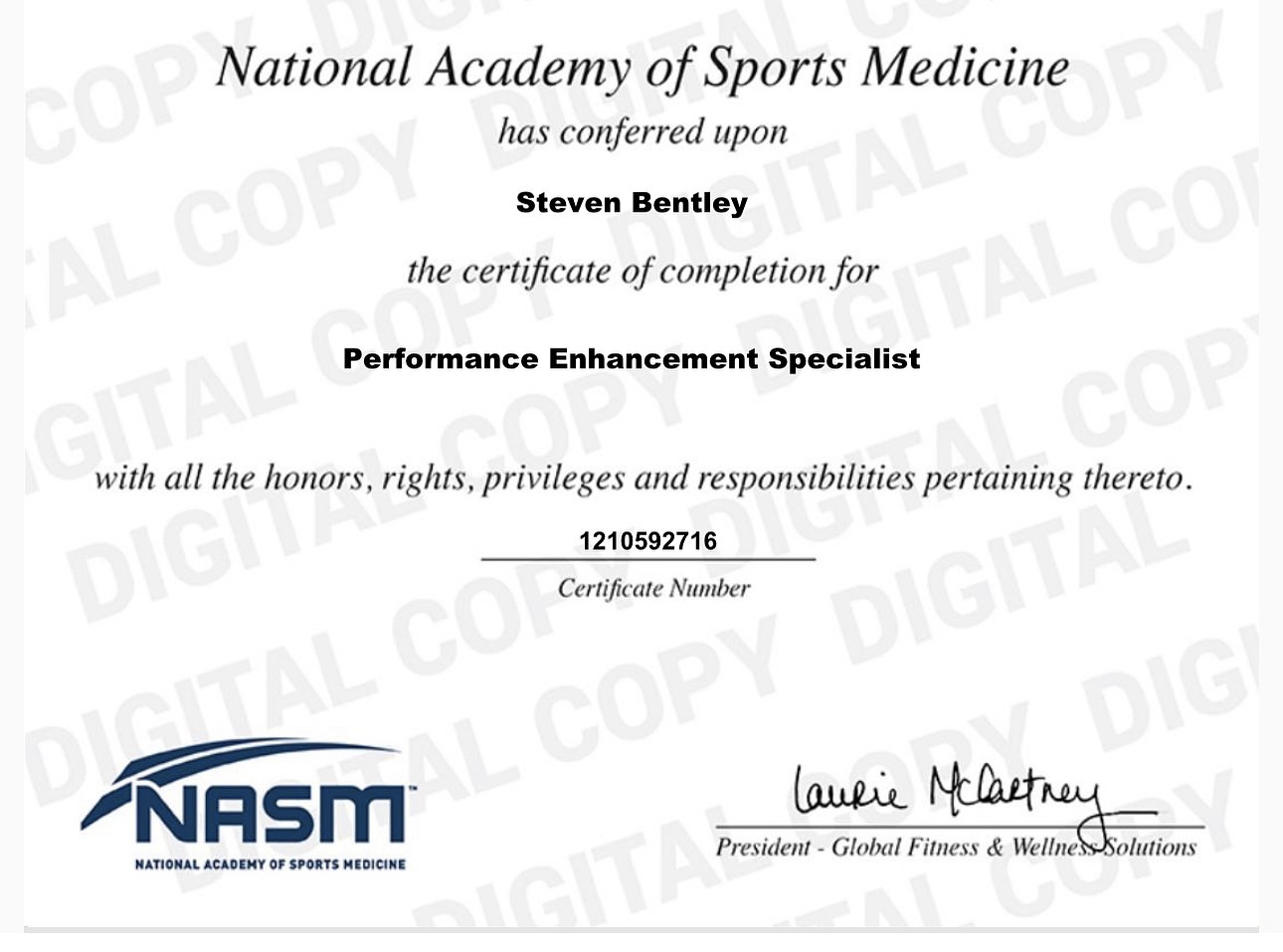 National Academy of sports certificate