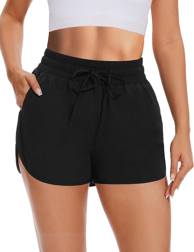 High Waisted Running Shorts for Women with Pockets, 2.5" Black Athletic Workout Gym