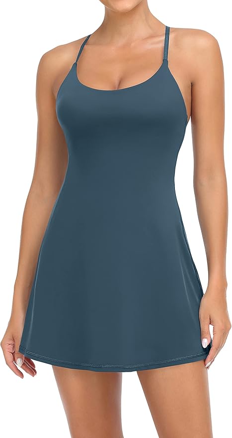 Women Workout Tennis Dress with Built-in Bra Shorts, Adjustable Cross Shoulder Straps with Pockets