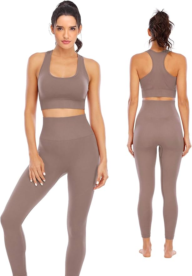 2 Piece High Waisted Seamless Leggings with Padded Stretchy Sports Bra Sets Gym Clothes