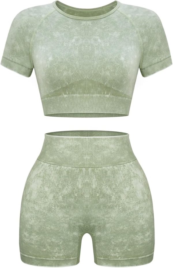 OLCHEE Womens Workout Sets 2 Piece - Seamless Acid Wash Yoga Outfits Shorts and Crop Top