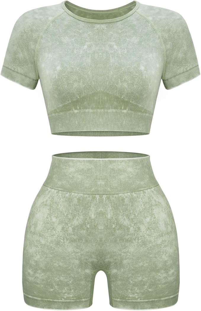 OLCHEE Womens Workout Sets 2 Piece - Seamless Acid Wash Yoga Outfits Shorts and Crop Top