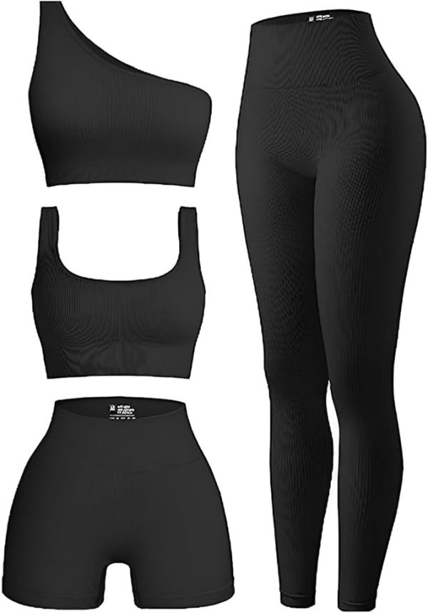 4 Piece Workout Sets For Women Ribbed Leggings Clothes Yoga Sets