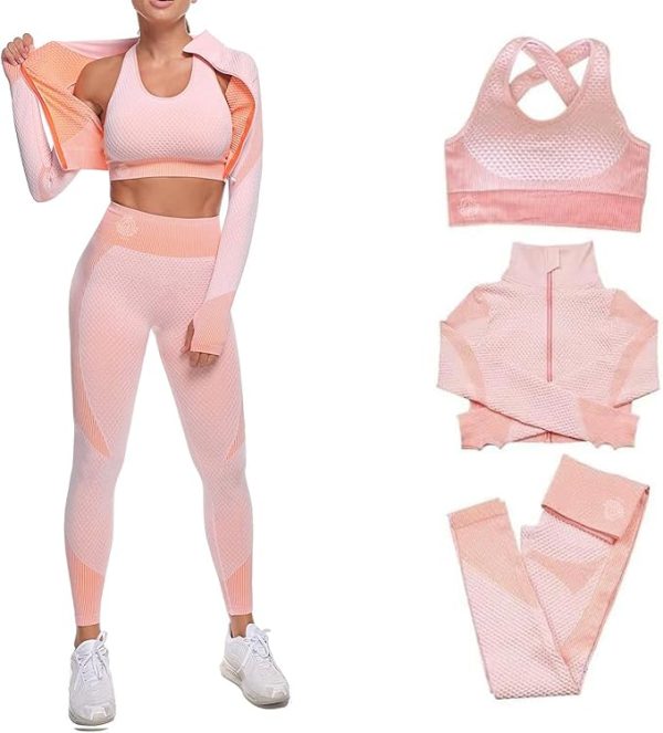 Women's 3 PC Seamless Gym Clothing Workout Outfit with Jacket Bra