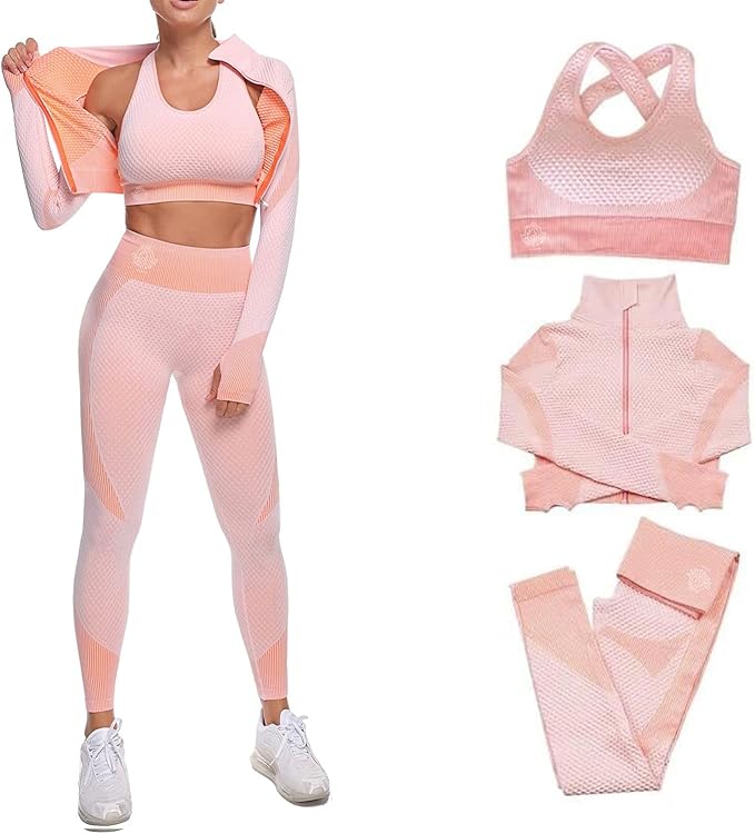 Women's 3 PC Seamless Gym Clothing Workout Outfit with Jacket Bra