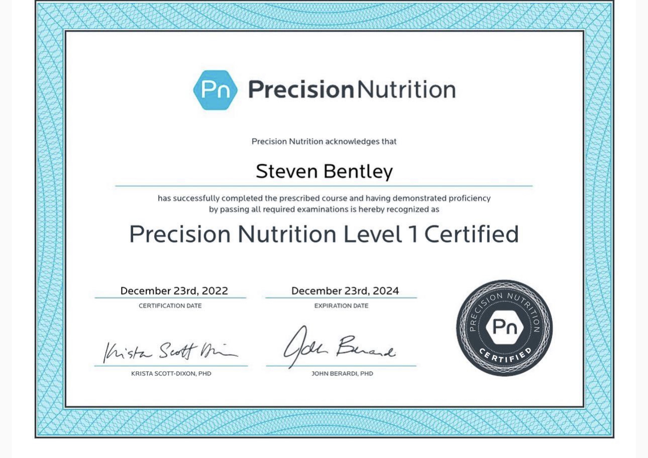 Precision Nutrition level 1 Certificate