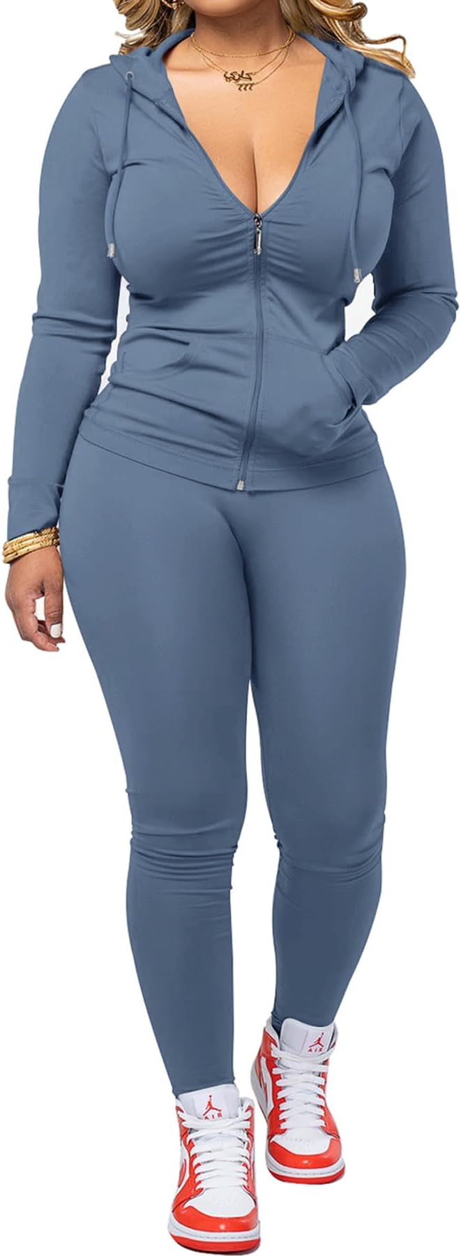 Women Two Piece Outfits Workout Sets Bodycon Tracksuit Long Sleeve Zip Up Hoodie Jacket