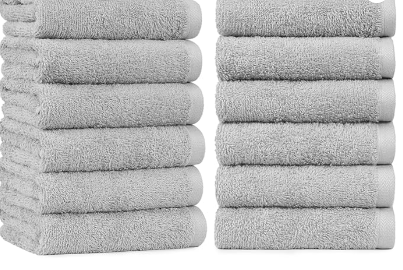 Amazon Basics Absorbent Cotton Gym Hand Towel, Quick Dry, 12-Pack, Gray, 16" x 26